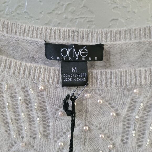 Prive 100% Cashmere Sweater Gray Lace Knit Faux Pearl Beaded Detail 3/4 Sleeve M - Picture 3 of 9